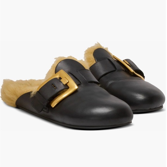 Balmain Black and Gold Fur-Lined Mules